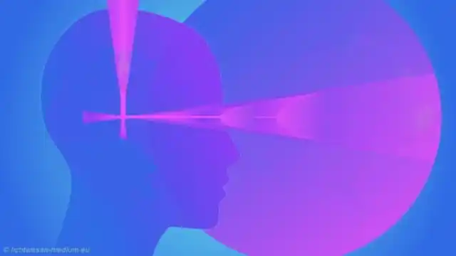 Silhouette eines Kopfes mit Strahlen, die von Stirn und Augen ausgehen, vor einem großen Kreis im Hintergrund.
